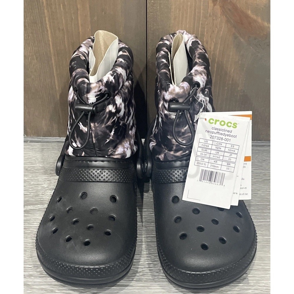 NWT Crocs Classic Lined Neo Puff Tie Dye Boot Black/White Mens 2/Women's 4 - Picture 7 of 11